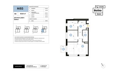 Rzut - Mieszkanie na sprzedaż 3 pokoje o powierzchni 60,84 m² - numer H/03 w Osiedle Bolko etap II