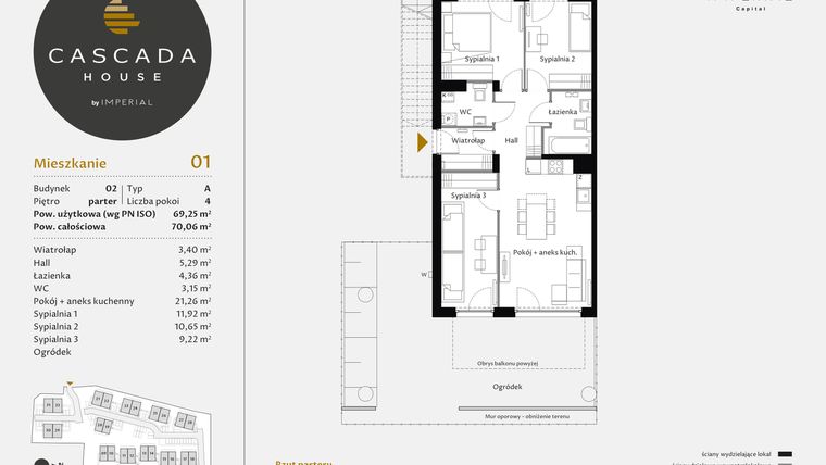 Rzut - Mieszkanie na sprzedaż 4 pokoje o powierzchni 69,25 m² - numer 2.1 w CASCADA House