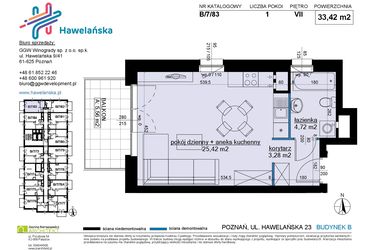 Rzut - Mieszkanie na sprzedaż 1 pokój o powierzchni 33,42 m² - numer B/7/83 w Osiedle Hawelańska etap III - bud. B