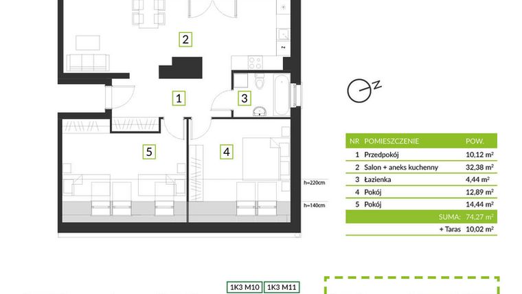 Rzut - Mieszkanie na sprzedaż 3 pokoje o powierzchni 74,27 m² - numer 1K4 M12 w Osiedle Krzeptów przy lesie
