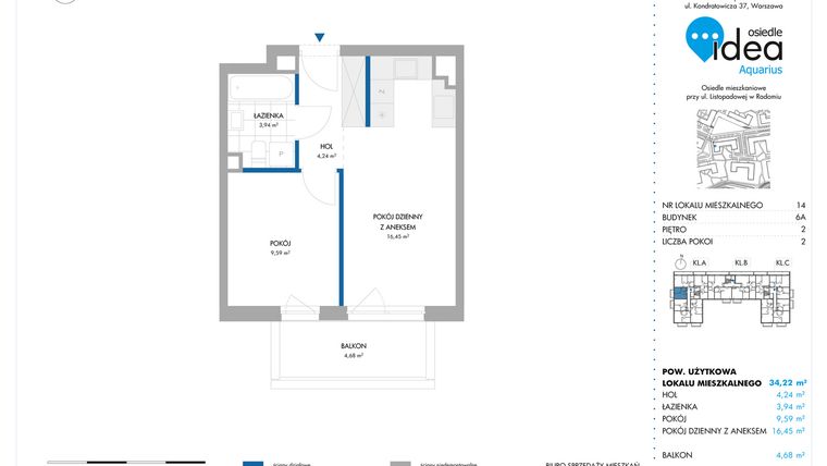 Rzut - Mieszkanie na sprzedaż 2 pokoje o powierzchni 34,22 m² - numer 6A/14 w Osiedle Idea Aquarius