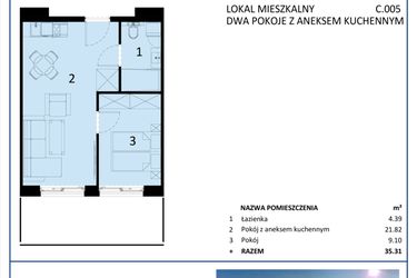 Rzut - Mieszkanie na sprzedaż 2 pokoje o powierzchni 35,31 m² - numer C.005 w Perłowa Przystań - Sianożęty - etap III