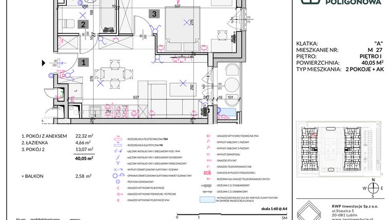 Rzut - Mieszkanie na sprzedaż 2 pokoje o powierzchni 40,05 m² - numer 27 w Apartamenty Poligonowa etap 5