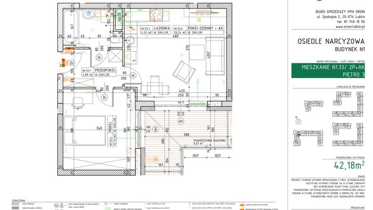 Rzut - Mieszkanie na sprzedaż 2 pokoje o powierzchni 42,18 m² - numer N1.33 w Osiedle Narcyzowe etap 2