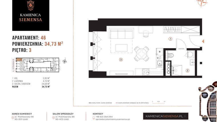 Rzut - Mieszkanie na sprzedaż 1 pokój o powierzchni 34,73 m² - numer 46 w Kamienica Siemensa