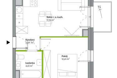 Rzut - Mieszkanie na sprzedaż 2 pokoje o powierzchni 36,96 m² - numer B.04.04.02 w WUWA Vita