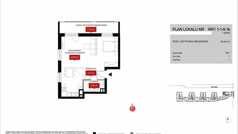 Rzut - Mieszkanie na sprzedaż 1 pokój o powierzchni 49,4 m² - numer WR1 1/1/6/1k w Przystań Reymonta