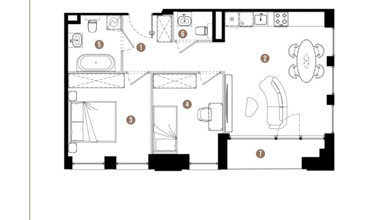 Rzut - Mieszkanie na sprzedaż 3 pokoje o powierzchni 56,55 m² - numer E.01.06 w Apartamenty Reytana bud. E