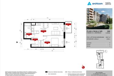 Rzut - Mieszkanie na sprzedaż 2 pokoje o powierzchni 48,97 m² - numer K.266 w Wieża Jeżyce etap V