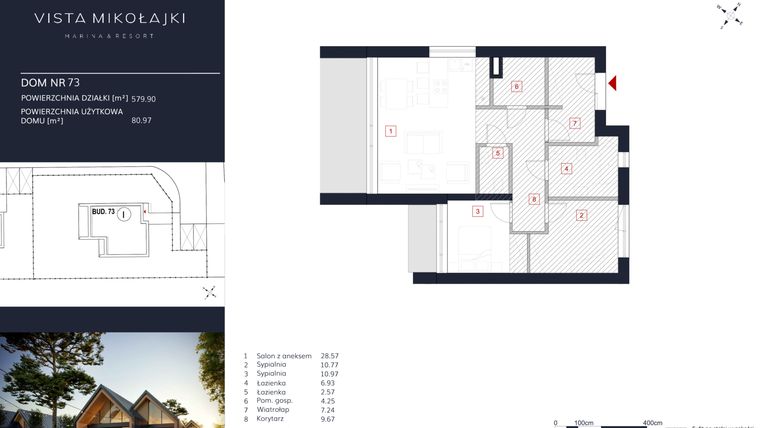 Rzut - Dom na sprzedaż 3 pokoje o powierzchni 80,97 m² - numer 73 w Vista Mikołajki Marina & Resort