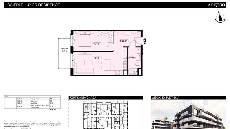 Rzut - Mieszkanie na sprzedaż 2 pokoje o powierzchni 47,8 m² - numer A1.28 w Luxor Residence