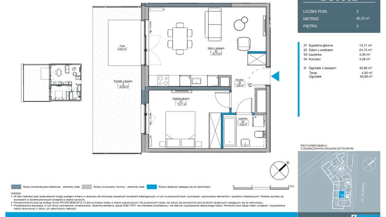 Rzut - Mieszkanie na sprzedaż 2 pokoje o powierzchni 46,43 m² - numer BC0002 w Talarowa Park