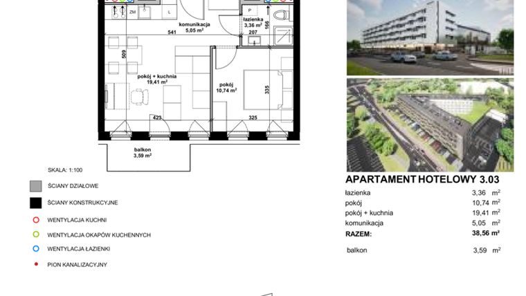 Rzut - Mieszkanie na sprzedaż 2 pokoje o powierzchni 38,47 m² - numer 3.03 w Apartamentowiec Zwycięska 3 - inwestycyjne