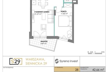 Rzut - Mieszkanie na sprzedaż 2 pokoje o powierzchni 42,66 m² - numer 28 w Siennicka 29