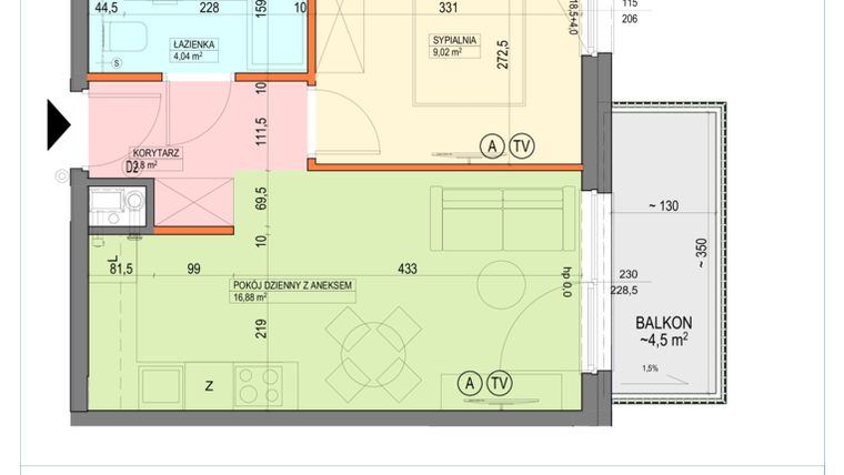 Rzut - Mieszkanie na sprzedaż 2 pokoje o powierzchni 33,74 m² - numer B1.3.25.2a w Junique I.II