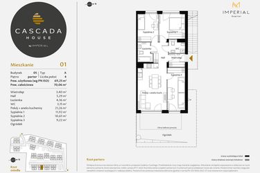 Rzut - Mieszkanie na sprzedaż 4 pokoje o powierzchni 69,49 m² - numer 5.1 w CASCADA House