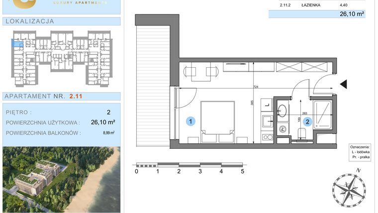 Rzut - Mieszkanie na sprzedaż 1 pokój o powierzchni 26,1 m² - numer 2.11 w Ustronie Luxury Apartments