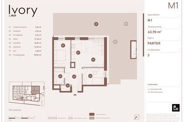 Rzut - Mieszkanie na sprzedaż 3 pokoje o powierzchni 63,9 m² - numer M01 w Ivory