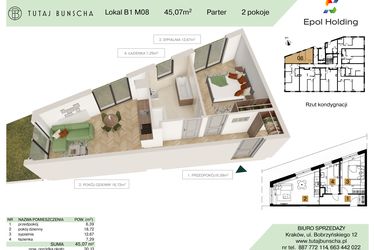 Rzut - Mieszkanie na sprzedaż 2 pokoje o powierzchni 45,07 m² - numer B1.M8 w Tutaj Bunscha