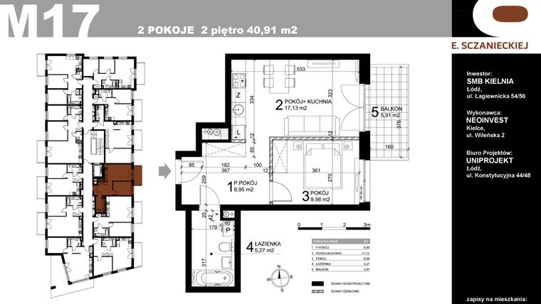 Rzut - Mieszkanie na sprzedaż 2 pokoje o powierzchni 40,91 m² - numer M17 w Sczanieckiej 8