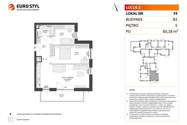 Rzut - Mieszkanie na sprzedaż 3 pokoje o powierzchni 60,18 m² - numer 74 w Locus 2