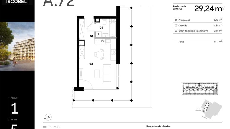Rzut - Mieszkanie na sprzedaż 1 pokój o powierzchni 29,24 m² - numer A.72 w Browar HUGO SCOBEL