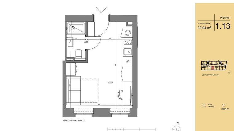 Rzut - Mieszkanie na sprzedaż 1 pokój o powierzchni 22,26 m² - numer 1.13 w Rezydencja San Petrus