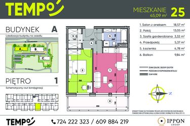 Rzut - Mieszkanie na sprzedaż 2 pokoje o powierzchni 45,09 m² - numer A25 w Osiedle TEMPO