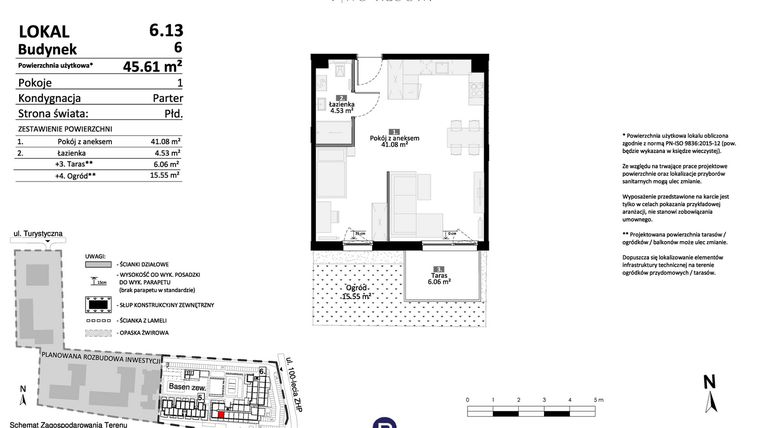 Rzut - Mieszkanie na sprzedaż 2 pokoje o powierzchni 45,61 m² - numer 6.13 w Pino Resort