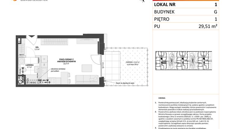 Rzut - Mieszkanie na sprzedaż 1 pokój o powierzchni 29,51 m² - numer G.1 w DOKI Living etap II