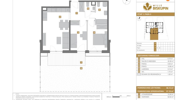 Rzut - Mieszkanie na sprzedaż 3 pokoje o powierzchni 57,19 m² - numer N2 w Wille Biskupin III