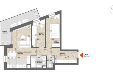 Rzut - Mieszkanie na sprzedaż 3 pokoje o powierzchni 60,91 m² - numer 30 w Apartamenty Śródmieście