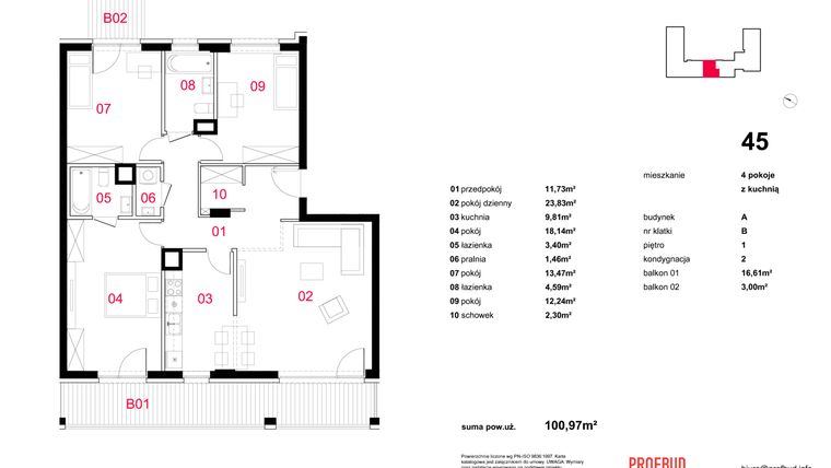 Rzut - Mieszkanie na sprzedaż 4 pokoje o powierzchni 102,69 m² - numer A-045 w Haven House