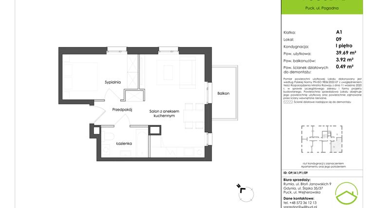 Rzut - Mieszkanie na sprzedaż 2 pokoje o powierzchni 37,44 m² - numer OP/A1/P1/09 w Osiedle Pogodne etap I