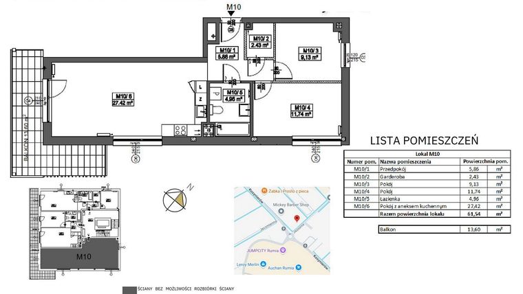 Rzut - Mieszkanie na sprzedaż 3 pokoje o powierzchni 61,54 m² - numer M10 w Jeziorna 1