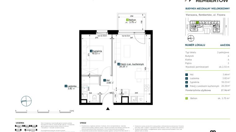 Rzut - Mieszkanie na sprzedaż 2 pokoje o powierzchni 37,96 m² - numer AA0306 w Stacja Rembertów