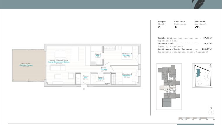 Rzut - Mieszkanie na sprzedaż 2 pokoje o powierzchni 67,71 m² - numer B2-2D w Talasa Celeus y Terra by Quadratia