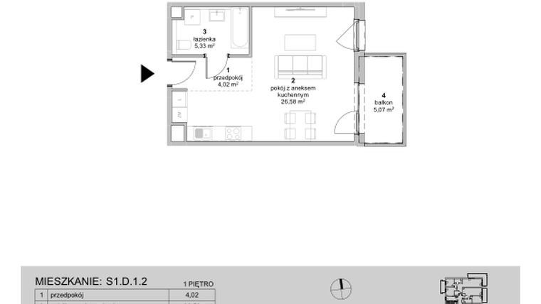 Rzut - Mieszkanie na sprzedaż 1 pokój o powierzchni 35,93 m² - numer S1.D.1.2 w ATAL Idea Swarzędz II