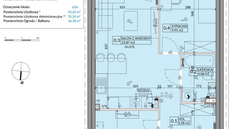 Rzut - Mieszkanie na sprzedaż 3 pokoje o powierzchni 55,24 m² - numer 63A w Osiedle Młodych etap X