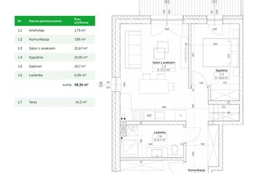 Rzut - Mieszkanie na sprzedaż 3 pokoje o powierzchni 58,36 m² - numer B5M9 w Nefrytowa Park