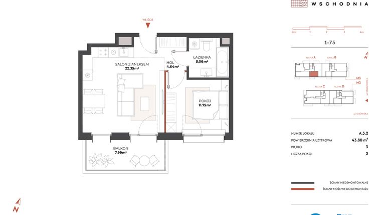 Rzut - Mieszkanie na sprzedaż 2 pokoje o powierzchni 43,8 m² - numer A.3.2 w Drucianka Wschodnia