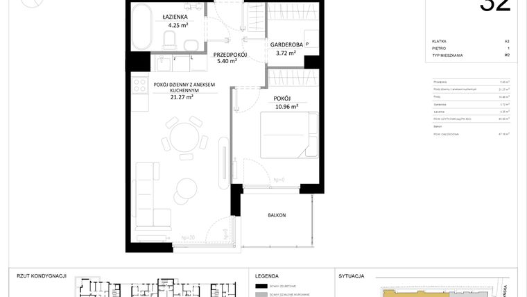 Rzut - Mieszkanie na sprzedaż 2 pokoje o powierzchni 45,6 m² - numer 32 w SILO