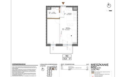 Rzut - Mieszkanie na sprzedaż 1 pokój o powierzchni 34,45 m² - numer 3.52 w Czerwieńskiego 3