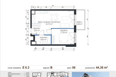 Rzut - Mieszkanie na sprzedaż 2 pokoje o powierzchni 44,36 m² - numer E 6.3 w Nowe Zabłocie