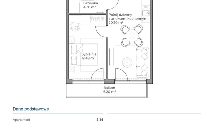 Rzut - Mieszkanie na sprzedaż 2 pokoje o powierzchni 36,97 m² - numer B.3.14 w Anchoria Holiday