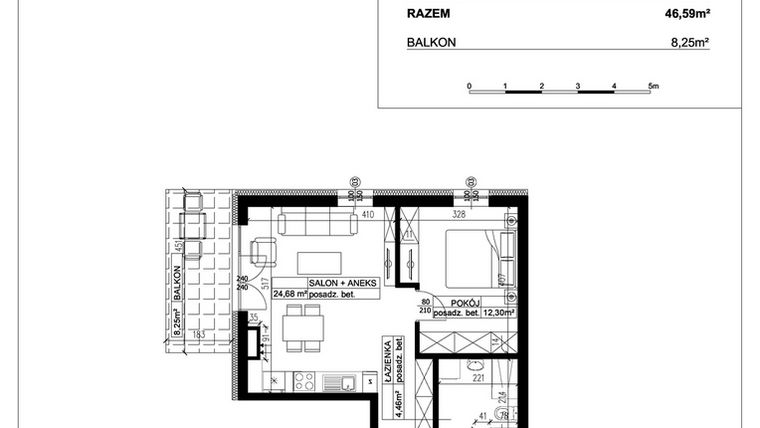 Rzut - Mieszkanie na sprzedaż 2 pokoje o powierzchni 46,59 m² - numer 2 w Ceramika