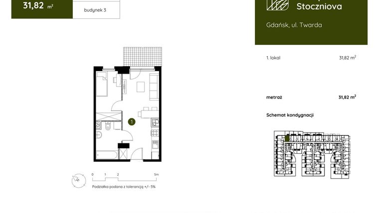 Rzut - Mieszkanie na sprzedaż 1 pokój o powierzchni 31,82 m² - numer 3.B.0.07 w Murapol Stoczniova