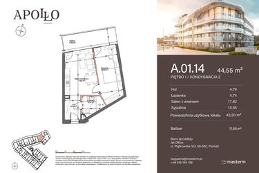 Rzut - Mieszkanie na sprzedaż 2 pokoje o powierzchni 43,2 m² - numer A.1.14 w Apollo Residence