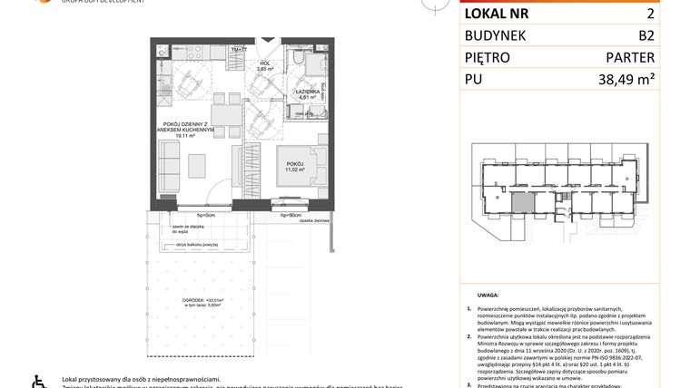 Rzut - Mieszkanie na sprzedaż 2 pokoje o powierzchni 38,49 m² - numer B2.2 w Osiedle Przy Błoniach 3 etap III