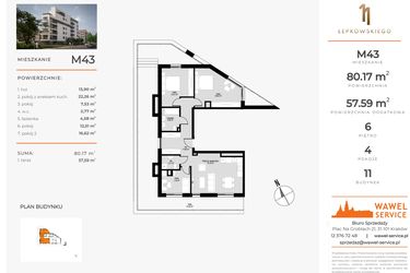 Rzut - Mieszkanie na sprzedaż 4 pokoje o powierzchni 80,17 m² - numer M43 w Łepkowskiego 11